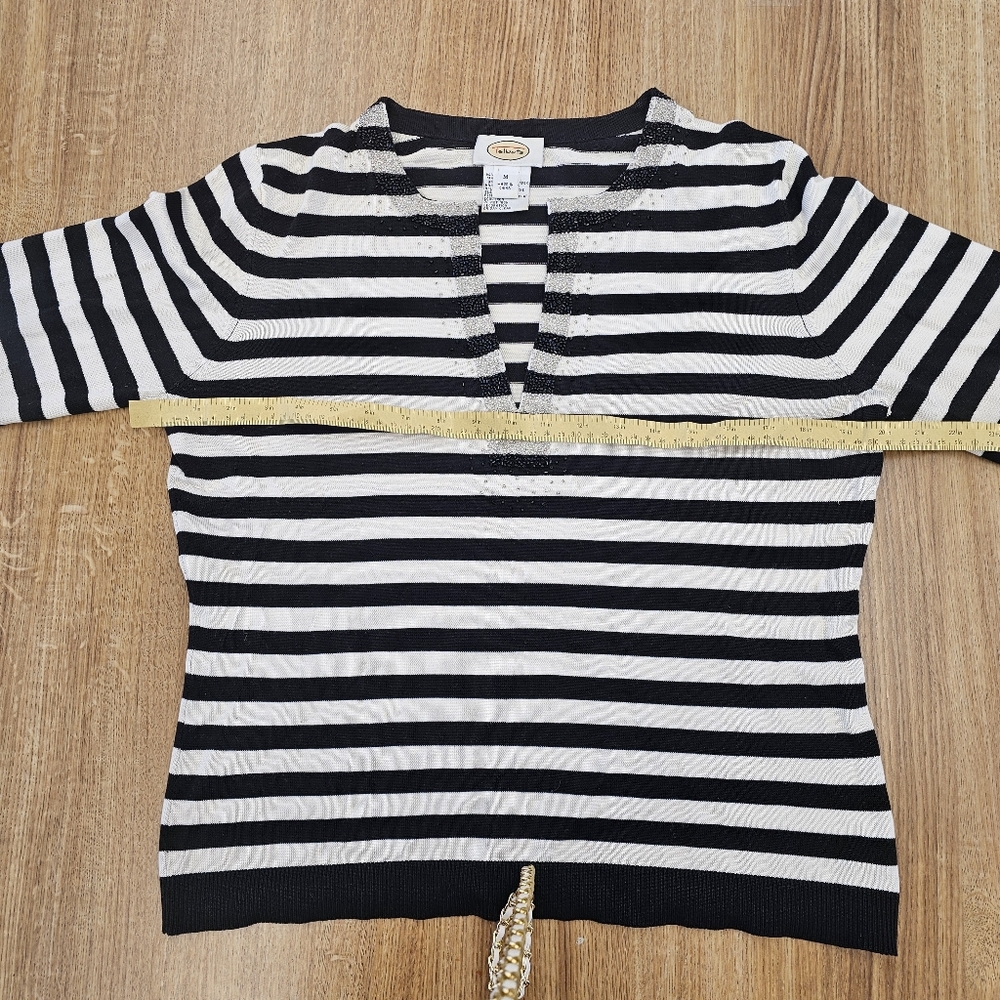 Talbots Silk Striped Black and White Beaded Sweater